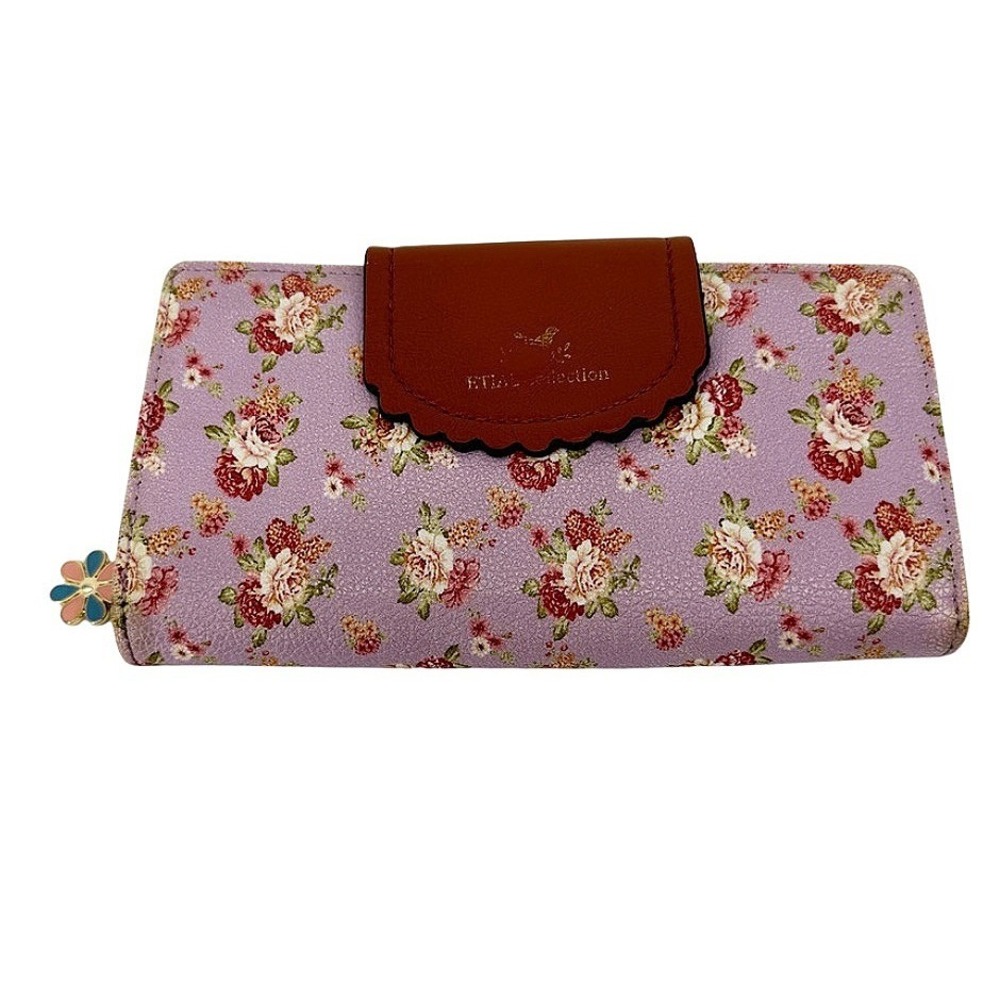 ETIAL Collection Wallet Floral Print Scalloped Snap Zipper Purple Cottage Core